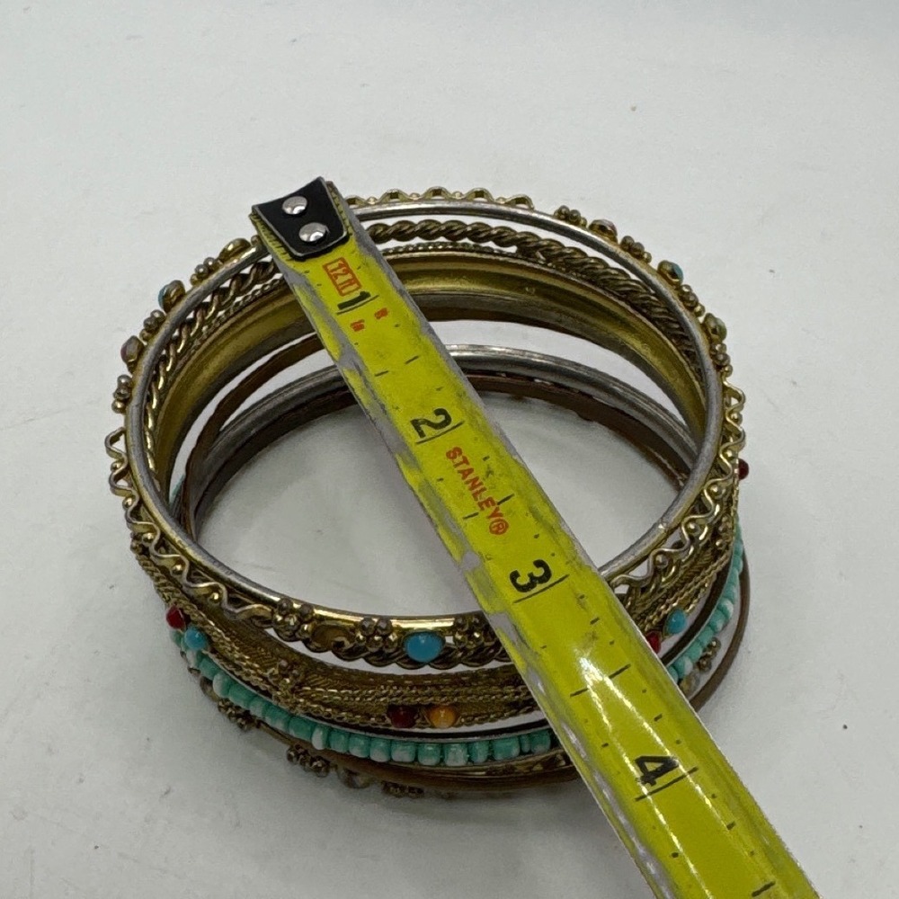 Mixed Metal Boho Bangle Bracelet Stack Filigree Beaded Turquoise Accents 8pc - Picture 5 of 7
